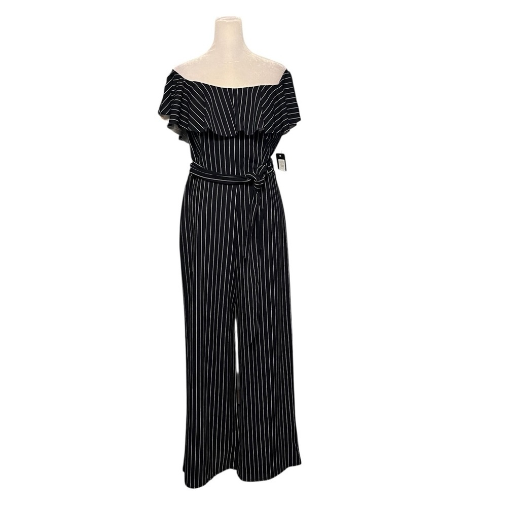 Bebe Navy Pinstripe Off Shoulder Jumpsuit Size 10 NWT - Picture 2 of 7